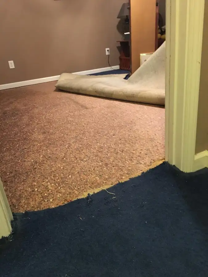 Carpet pad removal revealing water damage during Water Mitigation Services in Lincoln